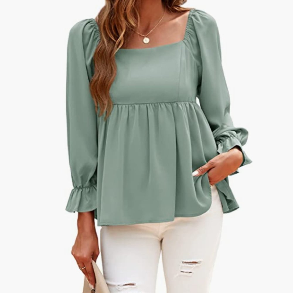 Square Neck Babydoll Shirt 3/4 Lantern Sleeve Smocked Chiffon Blouse NBW